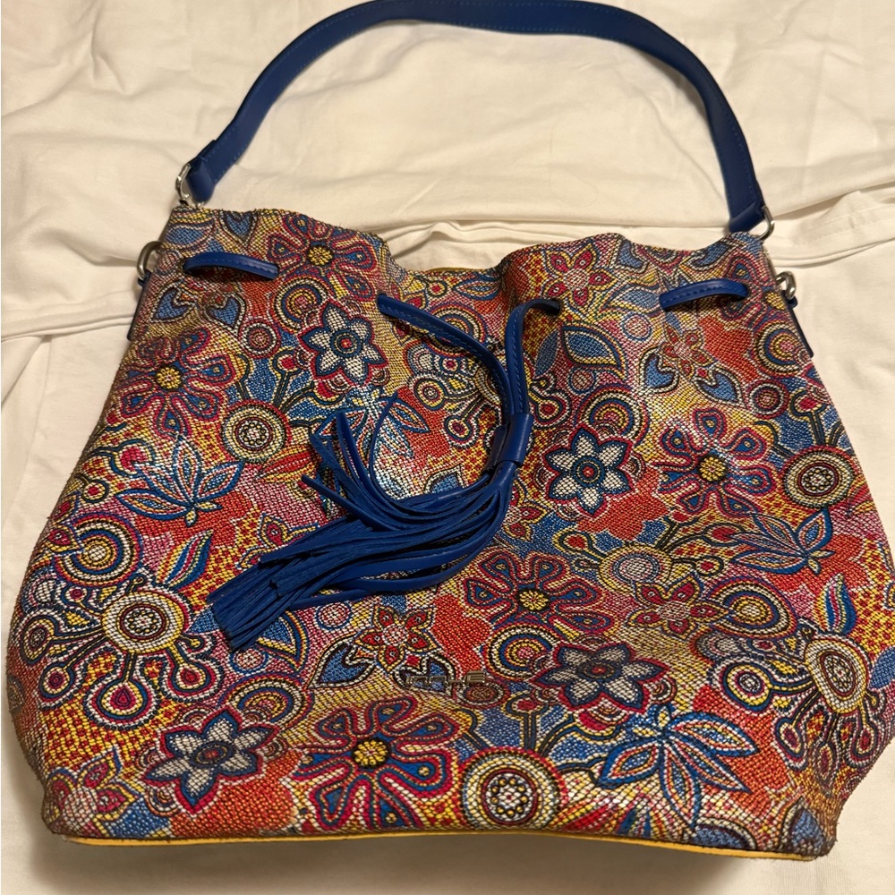 Floral Patterned Women's Bag with Blue Accents